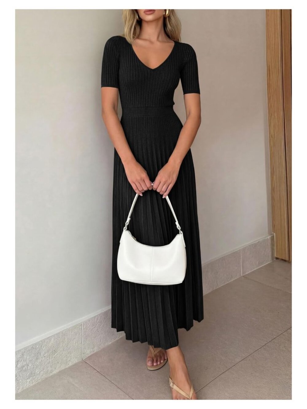 Women's V-Neck Pleated Midi Sweater Dress Short Sleeve Knit A-Line - Picture 6 of 7